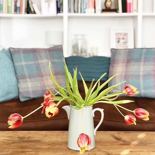 a vase with tulips on a table with a couch on the background - slowing down