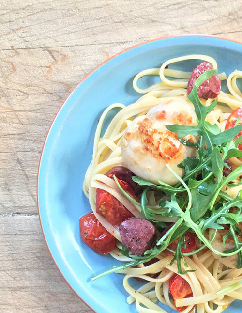 linguine with scallops and venison salami