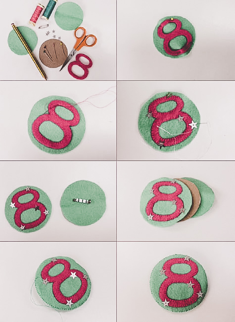 8 tutorial images of a felt birthday badge