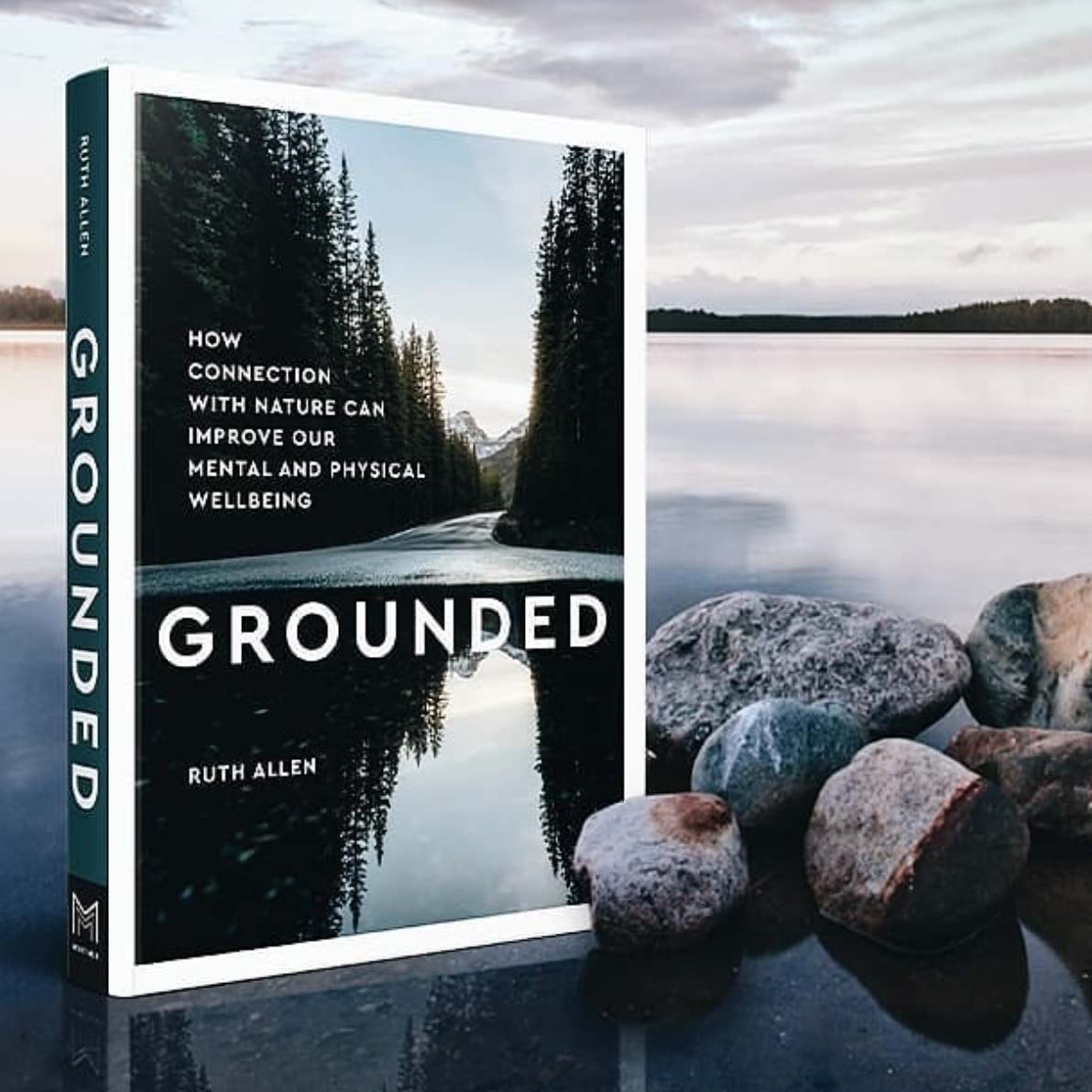 a mock up of ruth allen's new book called grounded with a serene lakeview in the background