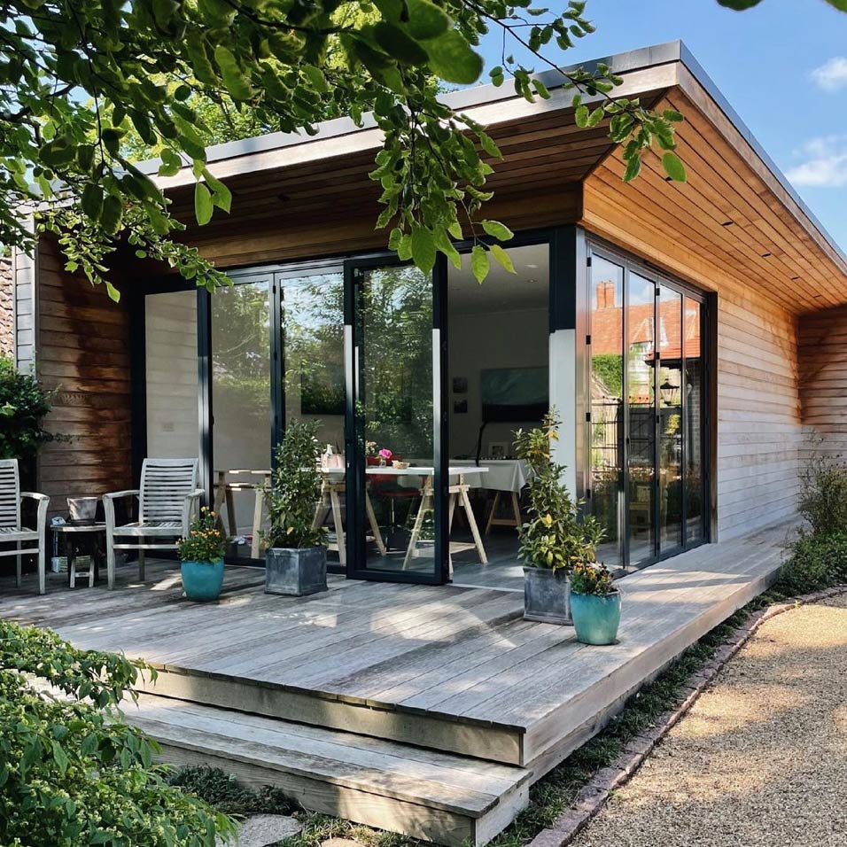 view towards sue Rapley's garden studio seen from the garden