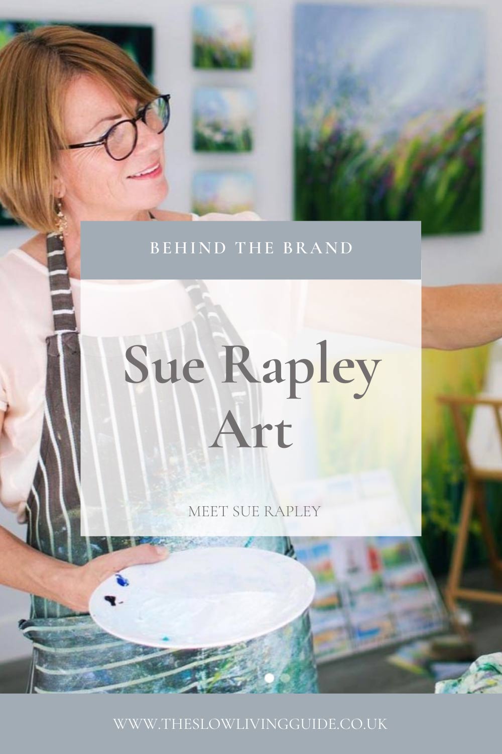 Sue Rapley Art pin image for interview with Sue Rapley Art, showing Sue Rapley at work in her studio