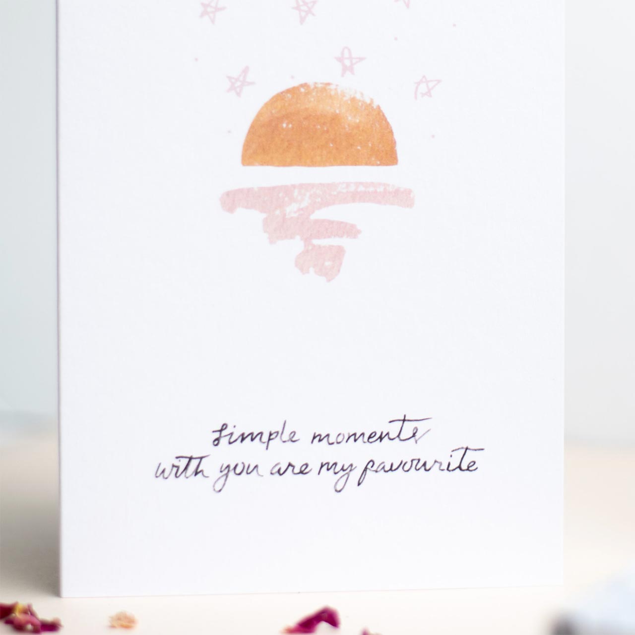 greeting card with illustration of a sun set with text 'simple moments with you are my favorite' - by The Hidden Pearl Studio