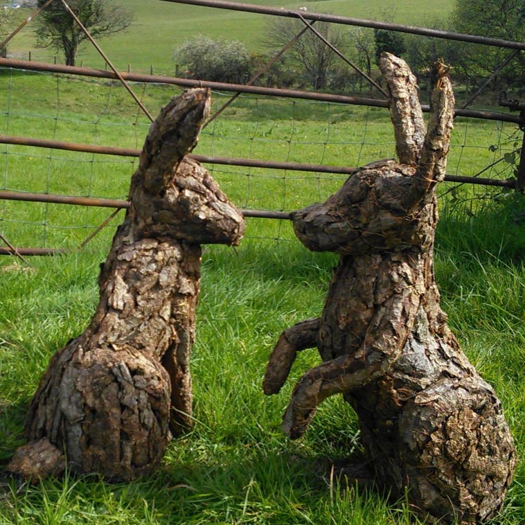 woodland sculptures from Tessa Hayward featuring two hares