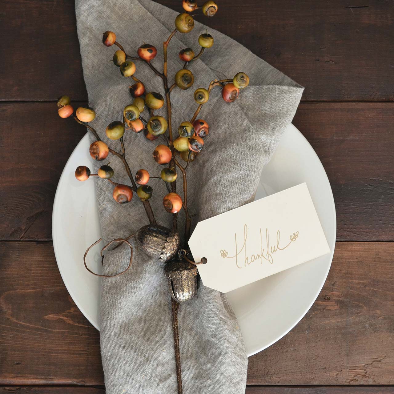 a plate with a napkin decorated with winter foliage