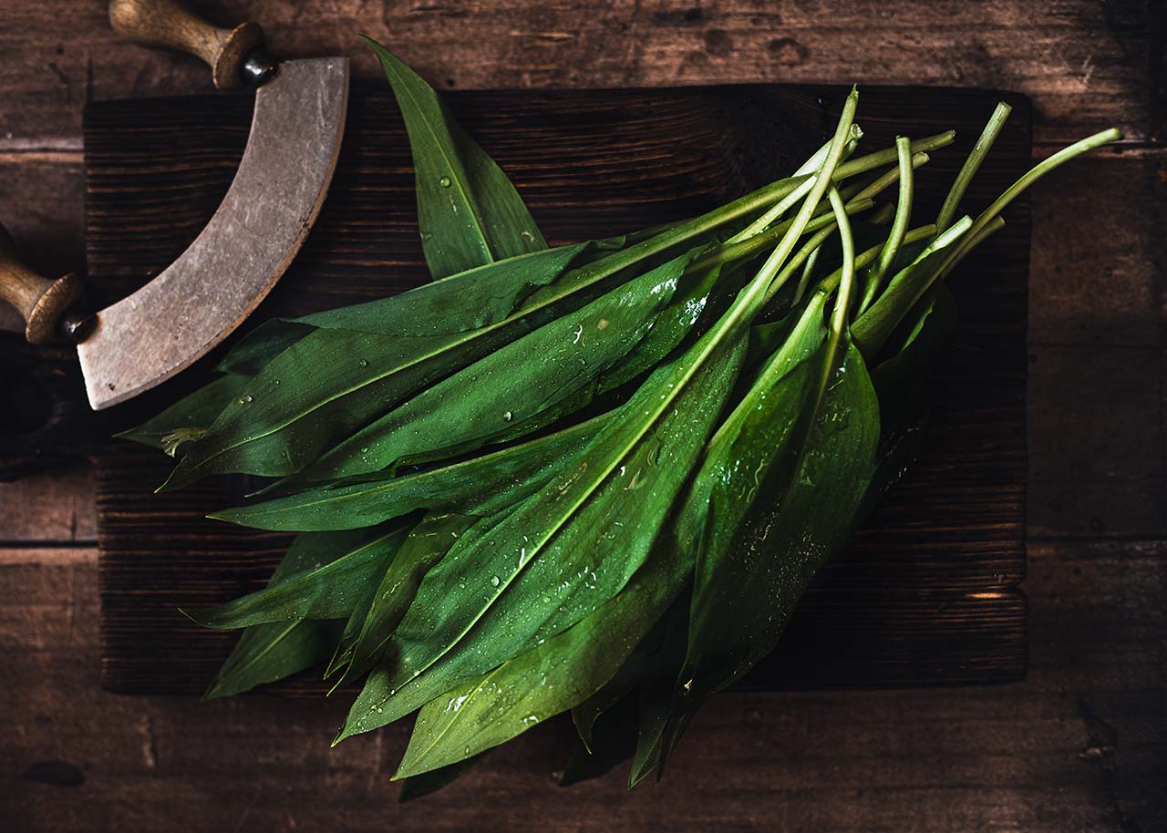 a bunch of wild garlic leaves with a hand chopper on a wooden board - seasonal cooking