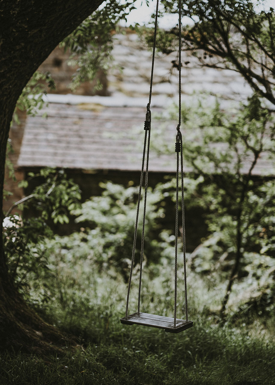 a swing hanging from a tree - safe garden for children