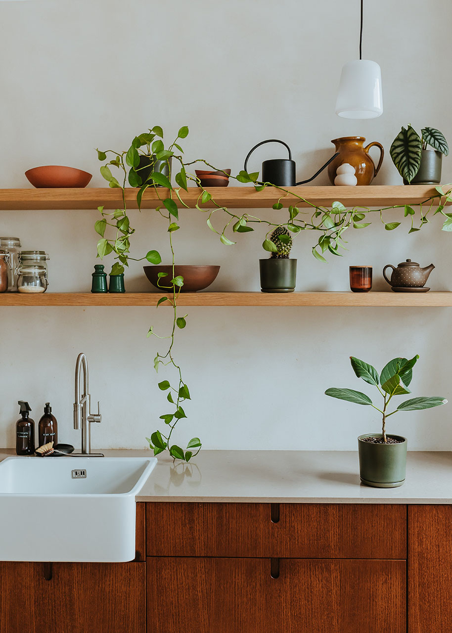 open kitchen shelves with pots and plants on them - designing a welcoming kitchen