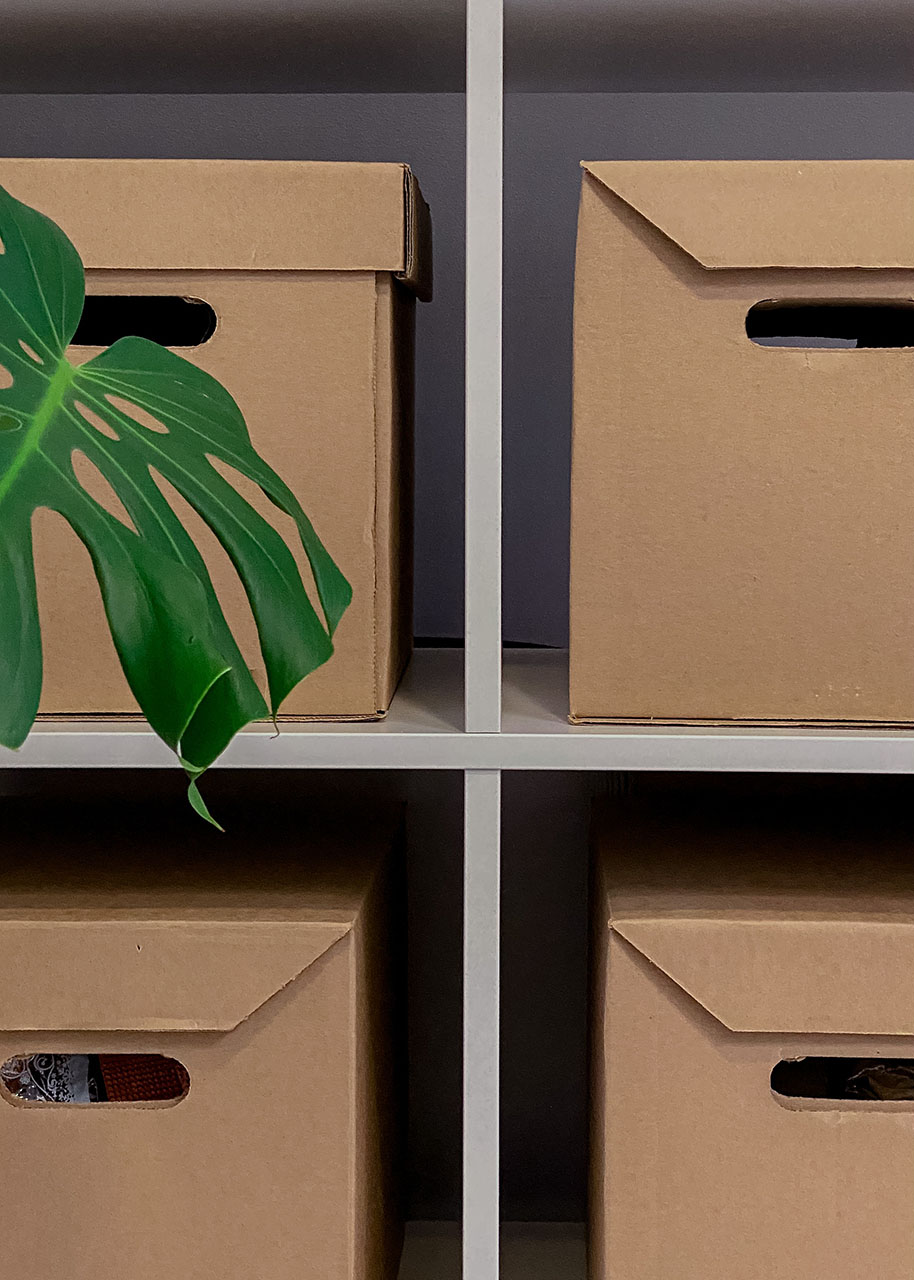 Four cardboard boxes in a closet used for storage of goods - tips for decluttering your home