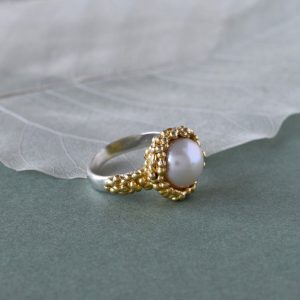 White pearl gold silver ring - Militza Ortiz Jewellery