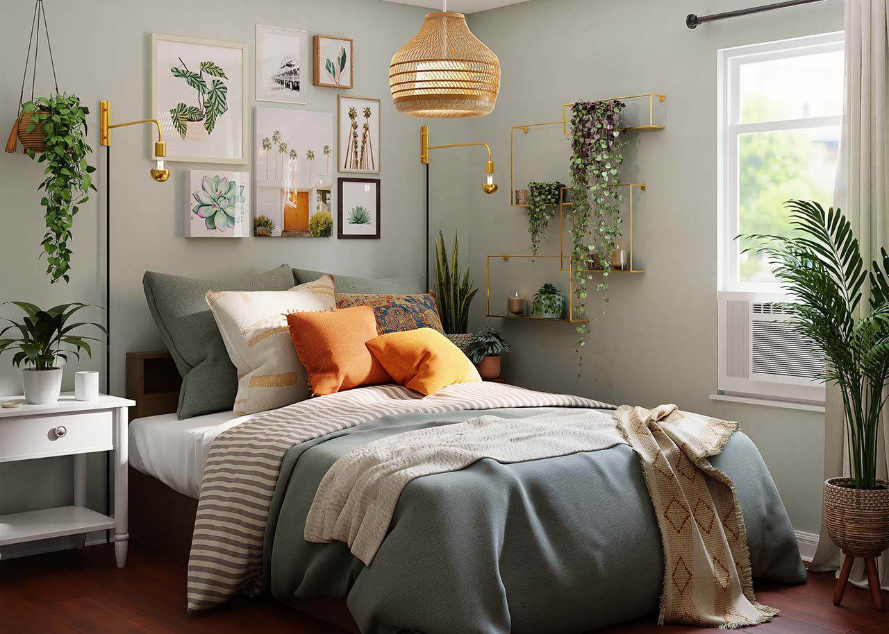 a cosy bedroom with a bed, pillows, throws, plants and paintings