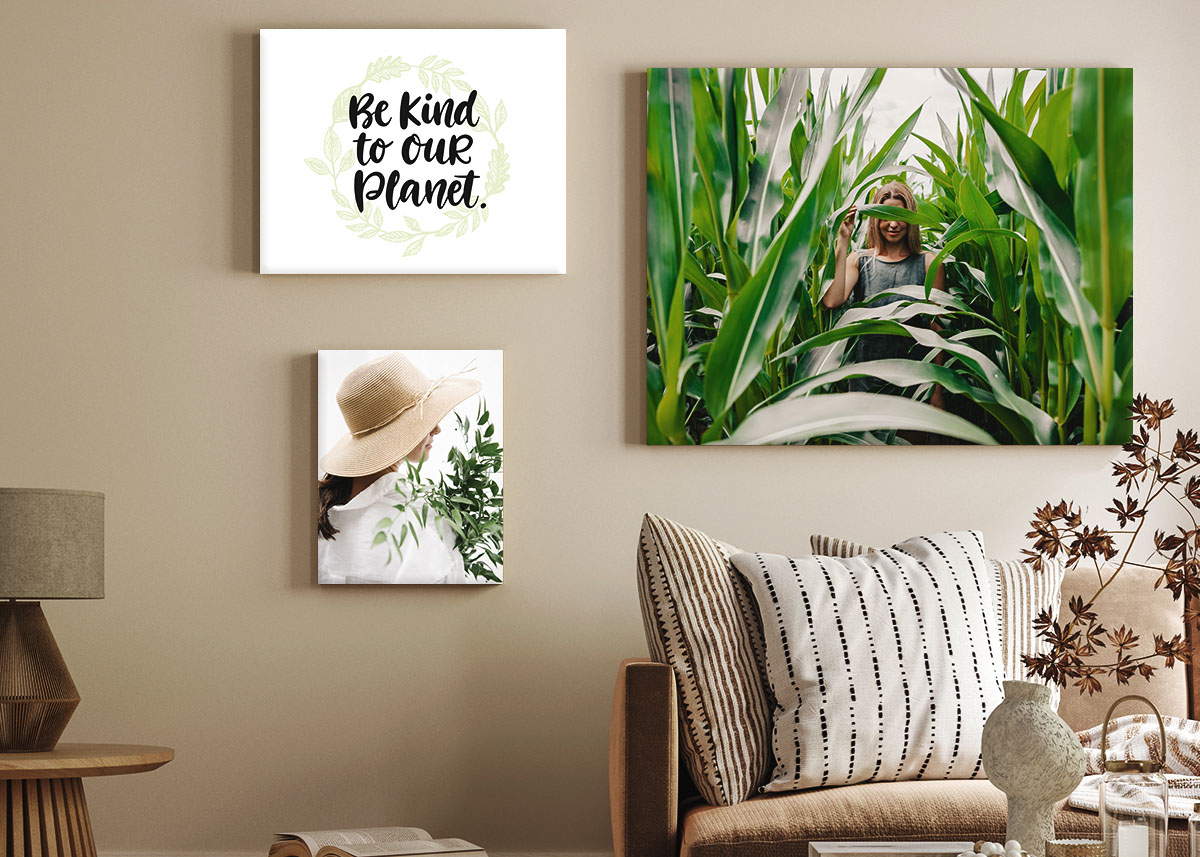 a living room wall with art prints