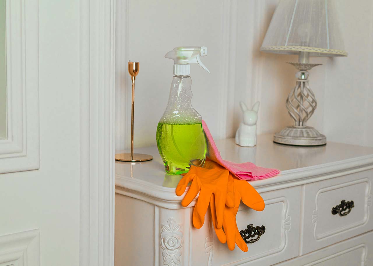 cleaning materials on a cabinet - slow spring activities
