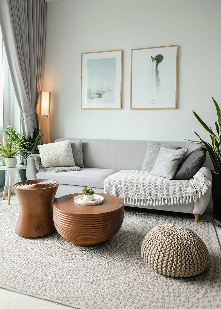 living room with a textured carpet